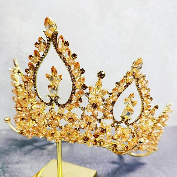 Bridal Tiara Crown, Gold Crystal Beaded Headpiece, Gold Pageant Crown - Picture 2 of 8